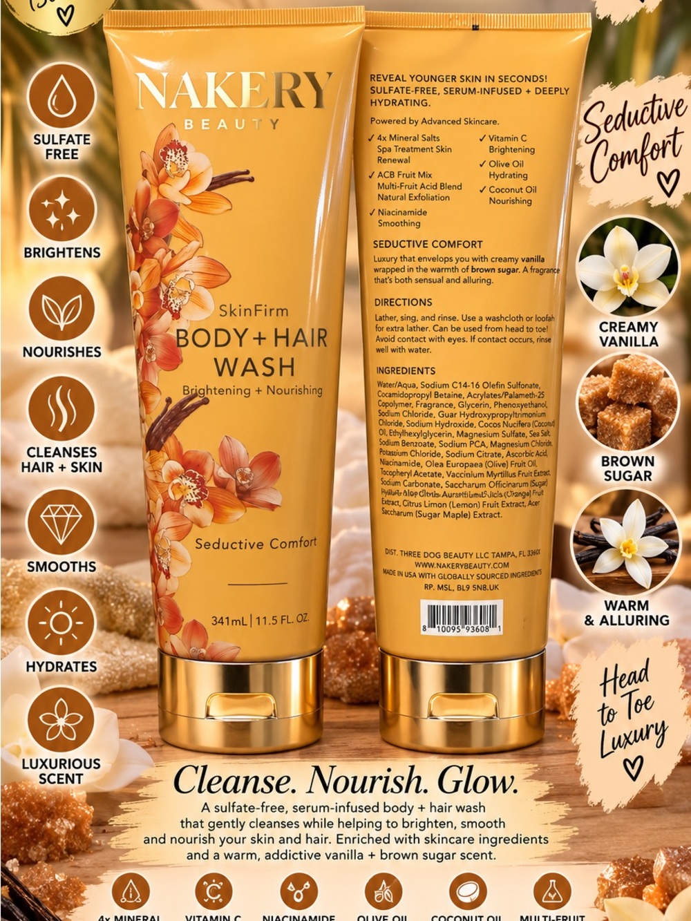 SkinFirm Body + Hair Wash — Seductive Comfort (Creamy Vanilla/Brown Sugar)